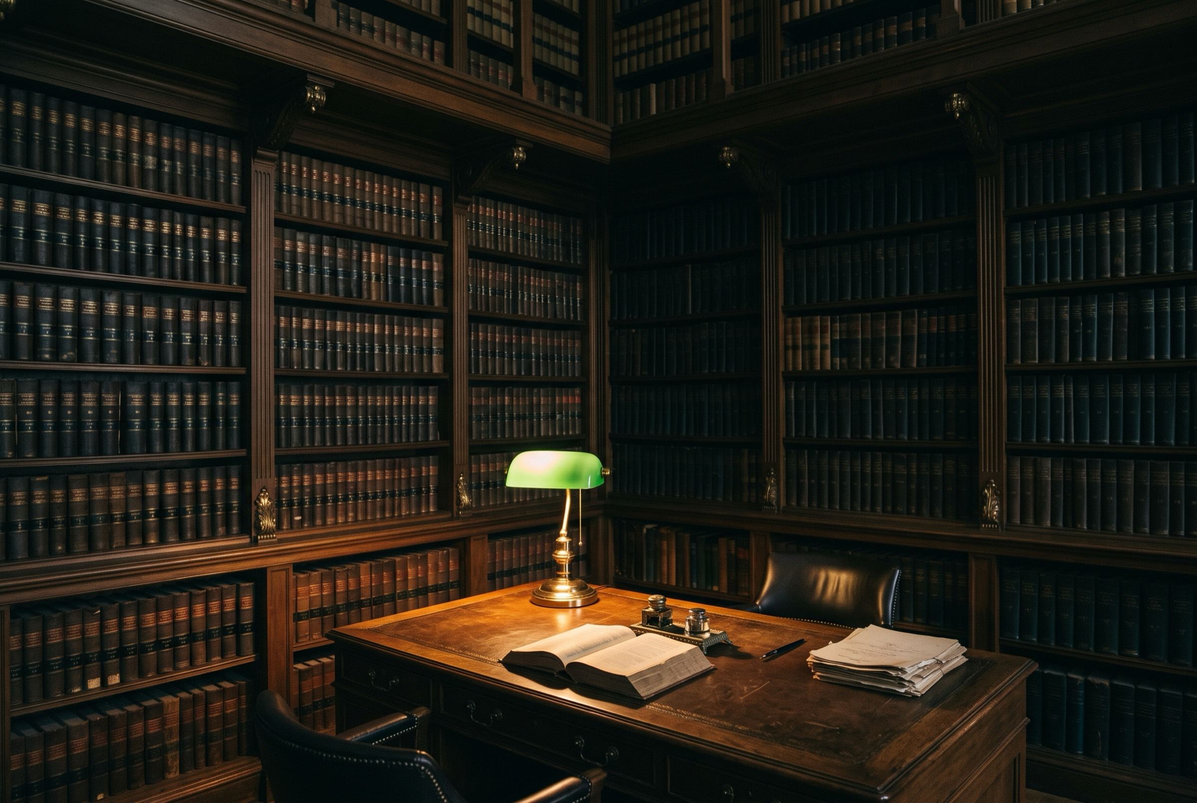 A law library at night: shelves of bound law reports and a brass banker's lamp on a mahogany desk