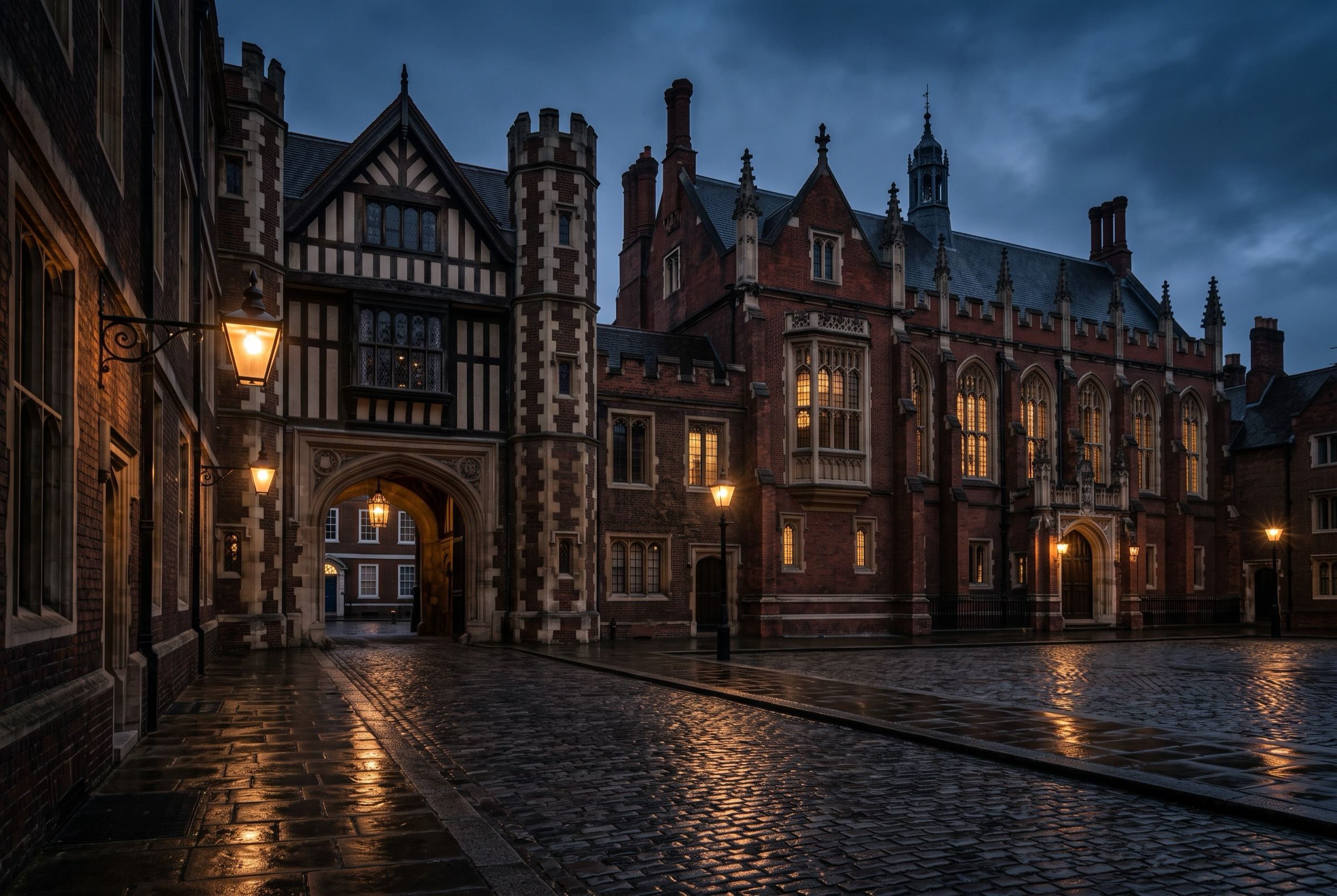 The gatehouse and Great Hall of Lincoln's Inn, London, at dusk