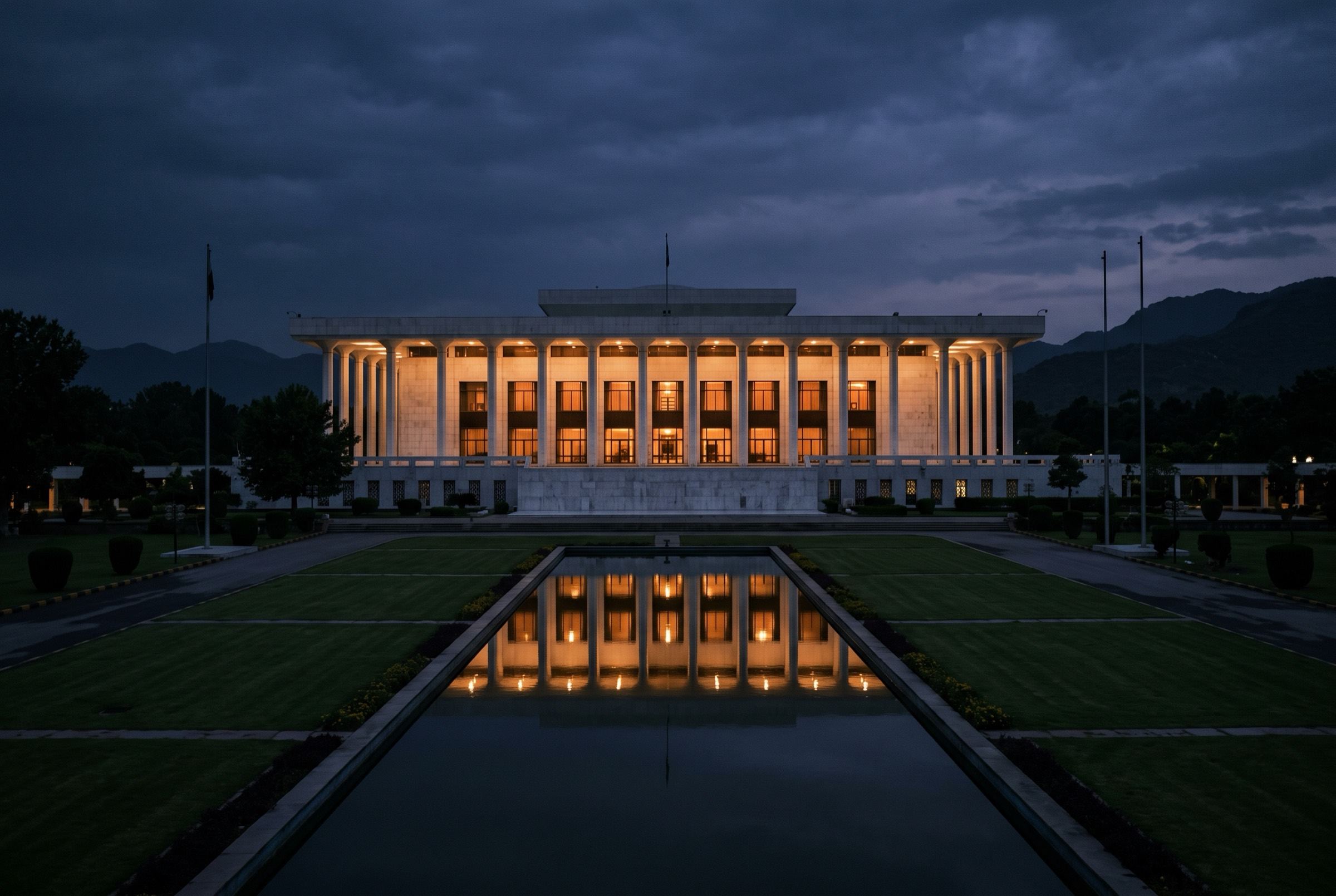 The Parliament House of Pakistan in Islamabad at dusk, light glowing between its columns
